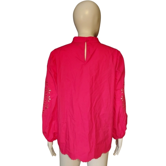 J.Crew Mock Neck Embroidered Eyelet Cotton Poplin Top In Fuschia Blossom - Picture 5 of 16